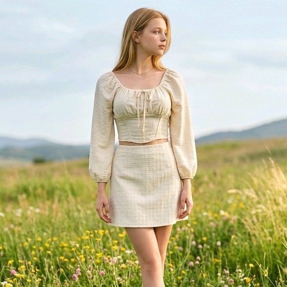 honey & sparkle Tops - Honey & Sparkle Cream Peasant Crop Top M Milkmaid Puff Sleeve Corset Cottagecore